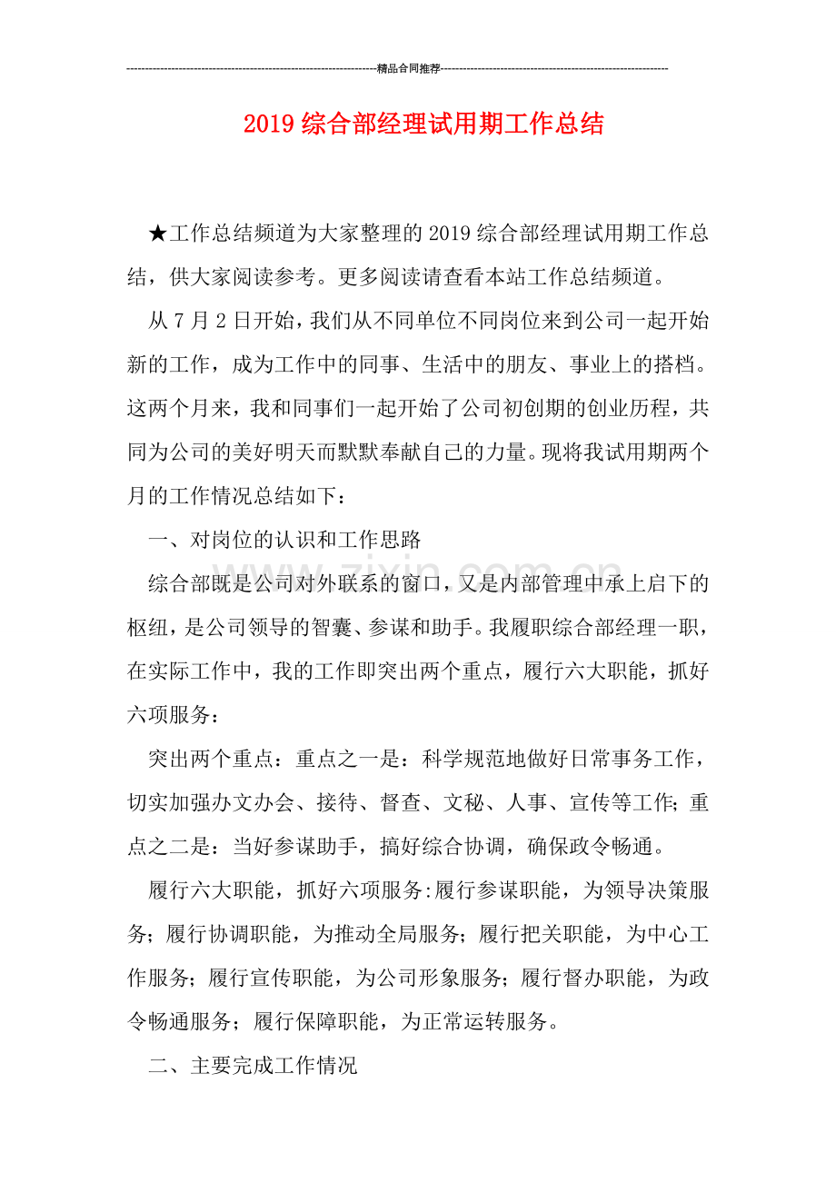2019综合部经理试用期工作总结.doc_第1页
