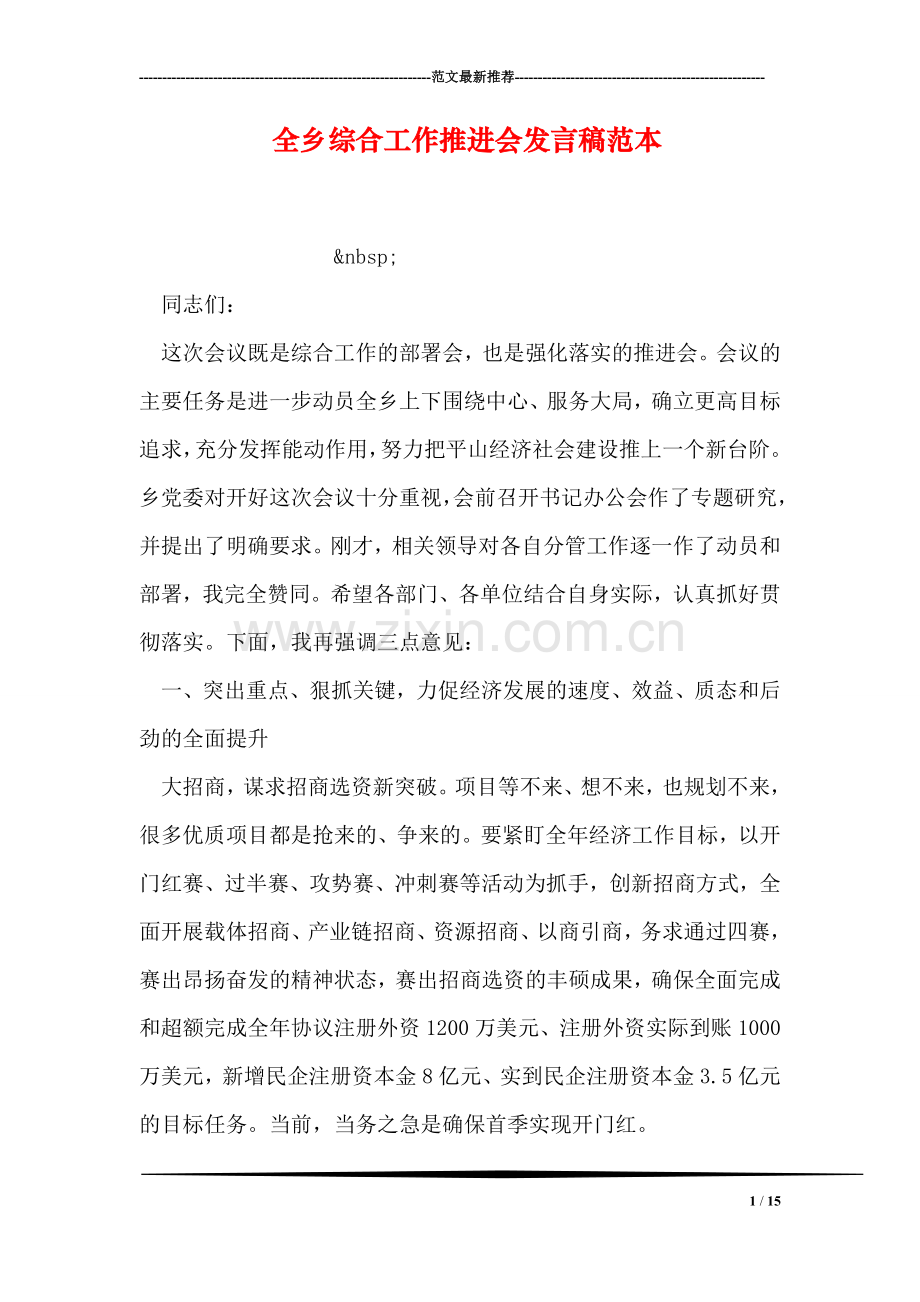 全乡综合工作推进会发言稿范本.doc_第1页