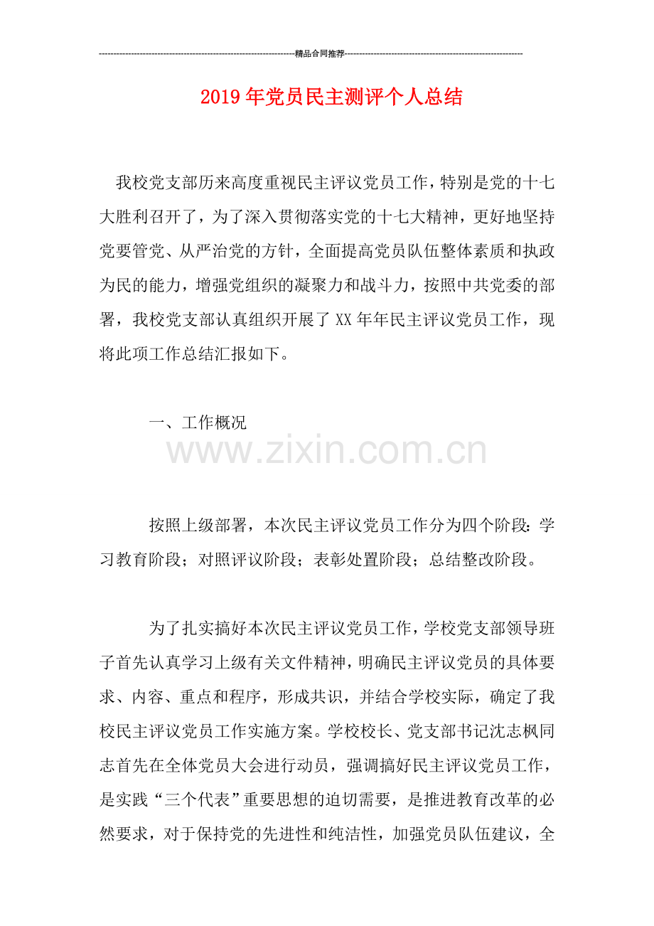2019年党员民主测评个人总结.doc_第1页