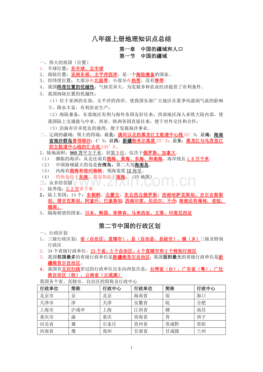 湘教版版八年级上册地理知识点总结92313教学内容.doc_第1页