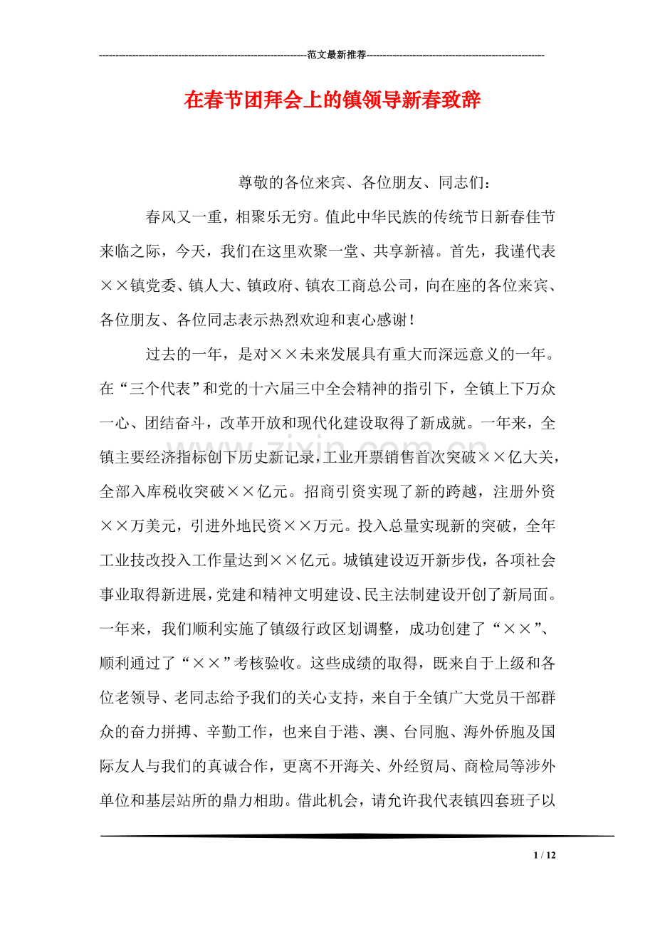 在春节团拜会上的镇领导新春致辞.doc_第1页