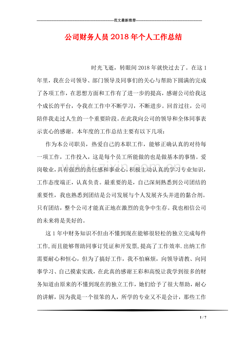 公司财务人员2018年个人工作总结.doc_第1页