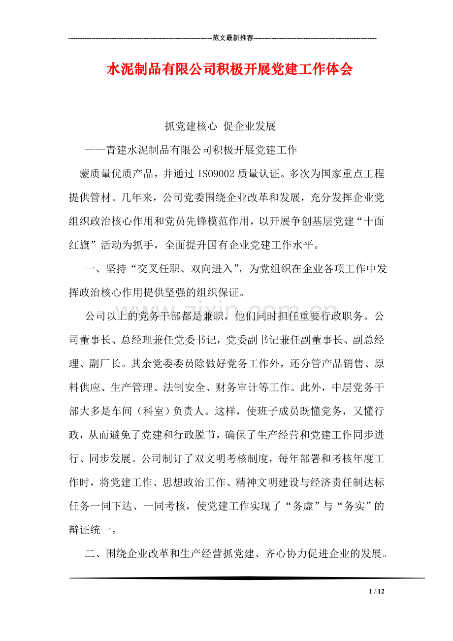 水泥制品有限公司积极开展党建工作体会.doc_第1页