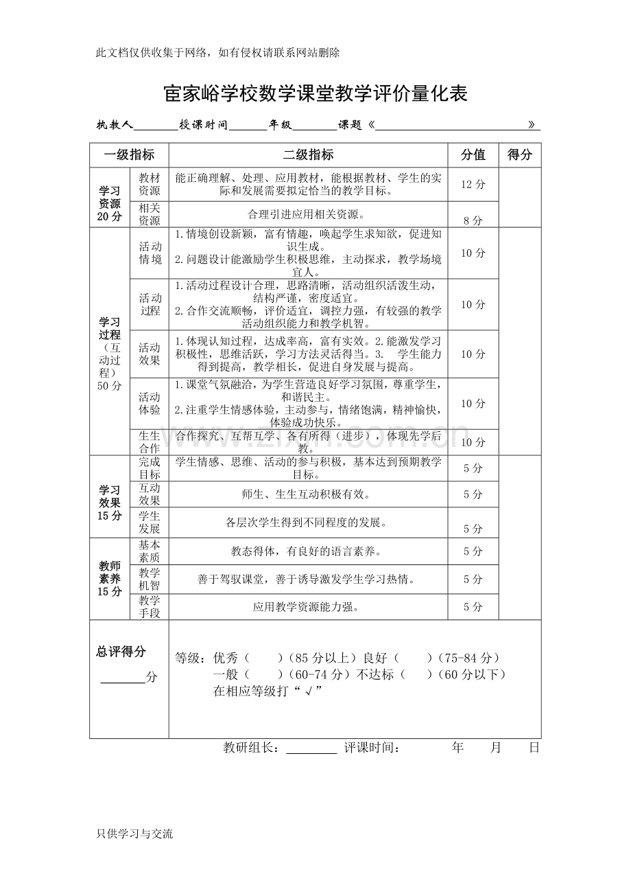 小学数学课堂教学评价表讲课教案.doc_第1页