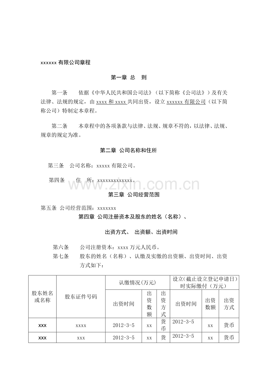 xxxxxx有限公司章程模板资料.doc_第1页