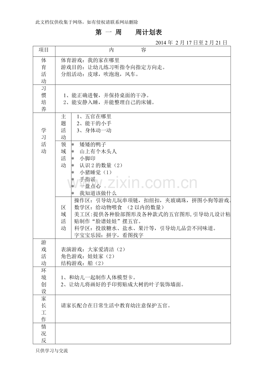 幼儿园小班下学期周计划资料讲解.doc_第1页