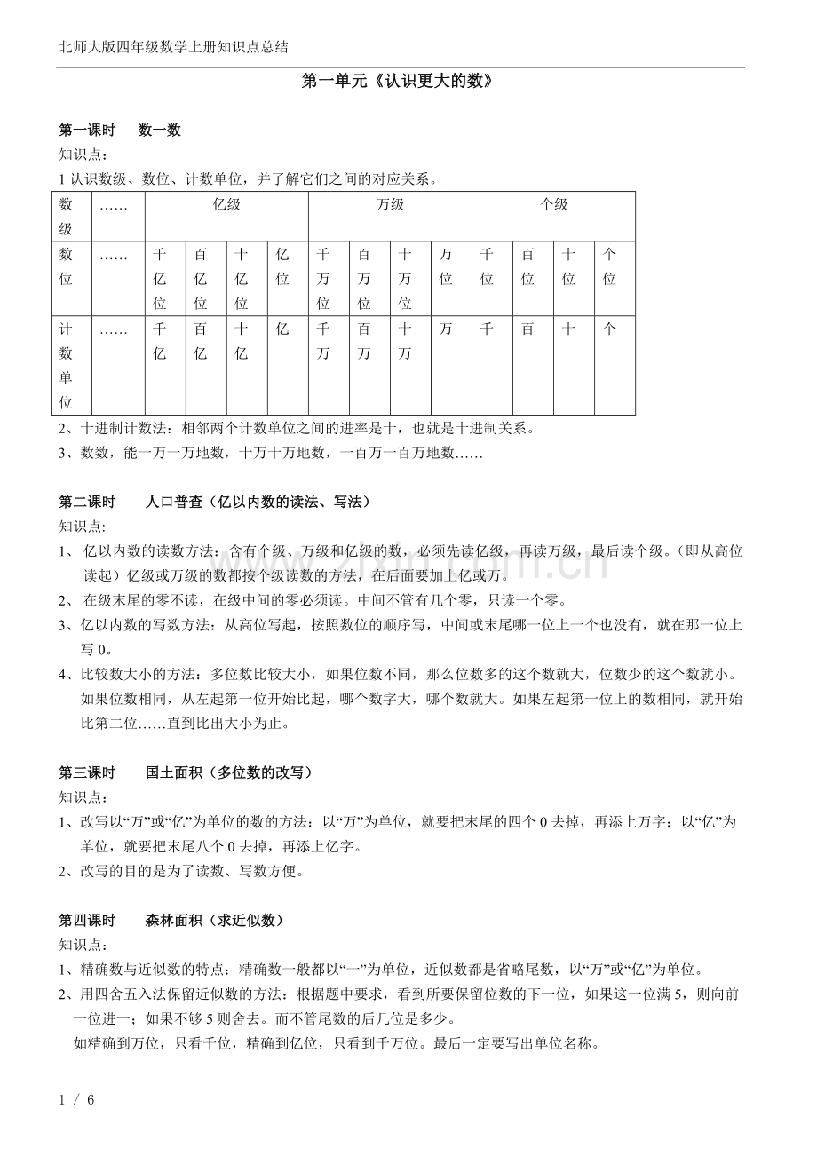 北师大版四年级上册数学知识点总结教案资料.doc_第1页