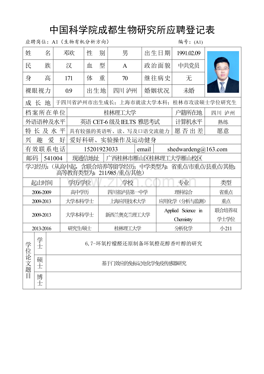 中国科学院成都生物研究所应聘登记表word版本.doc_第1页