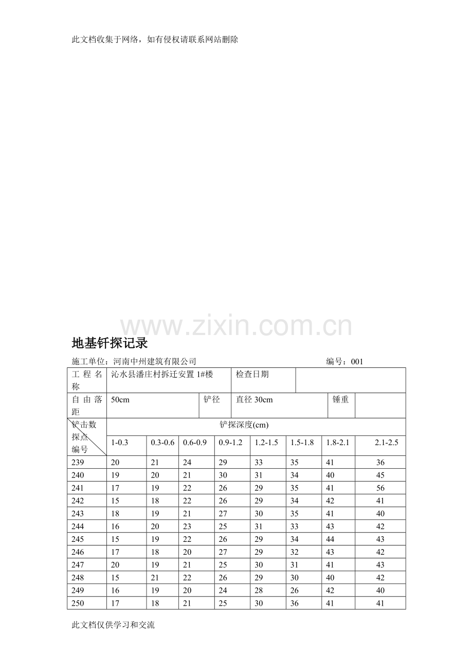 地基钎探记录52643教程文件.doc_第1页