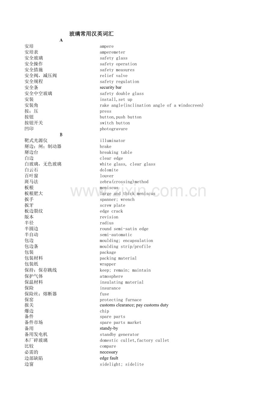 玻璃常用英语中英对照表教学教材.xls_第1页