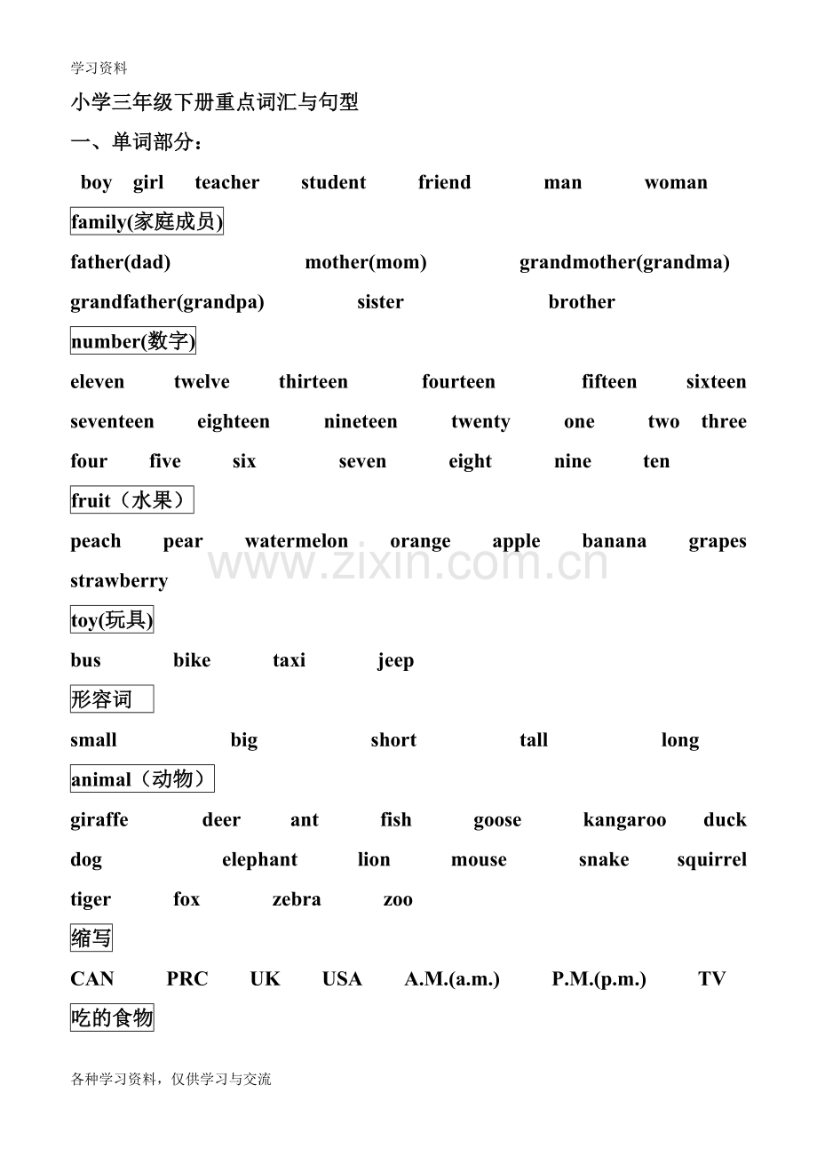 人教版小学三年级英语下册单词及重点语句电子教案.doc_第1页