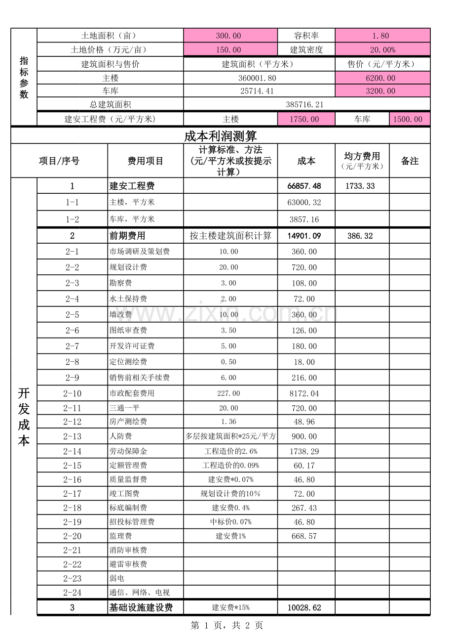 房地产开发成本、利润测算表电子版本.xls_第1页