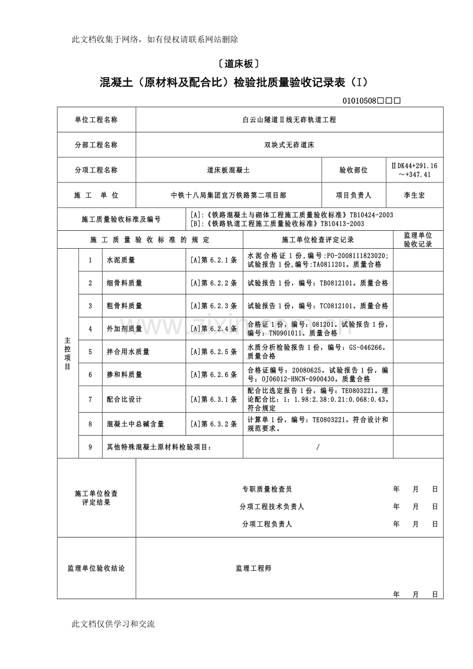 [建筑]2混凝土原材料及配合比检验批质量验收记录表I资料讲解.doc_第1页