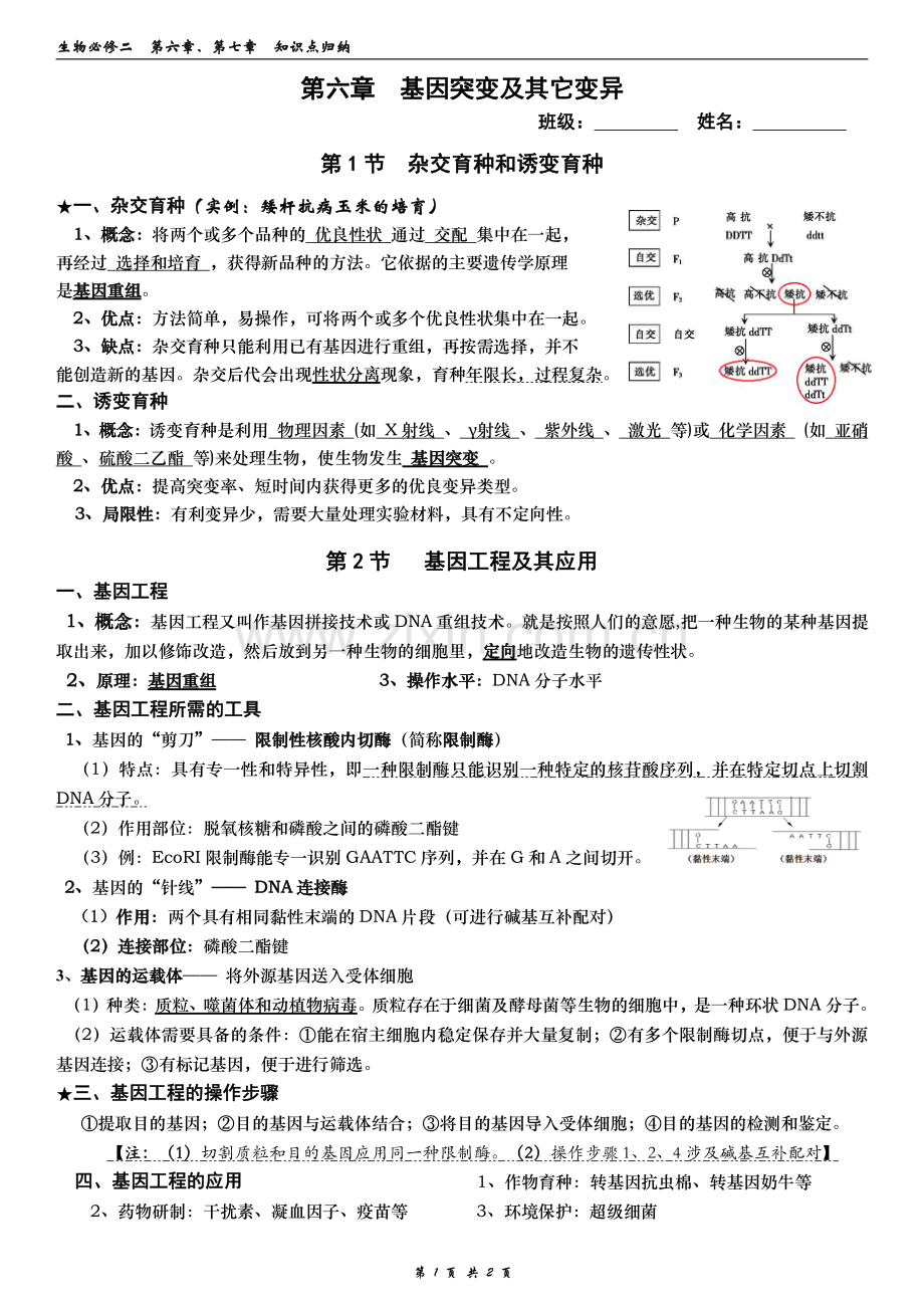高中生物-人教版必修二--第六章、第七章--知识点总结知识讲解.pdf_第1页