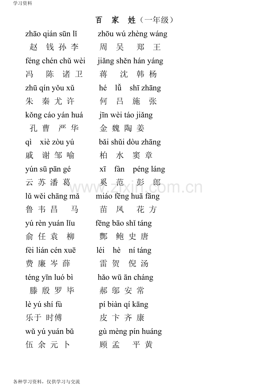 一年级拼音版百家姓学习资料.doc_第1页