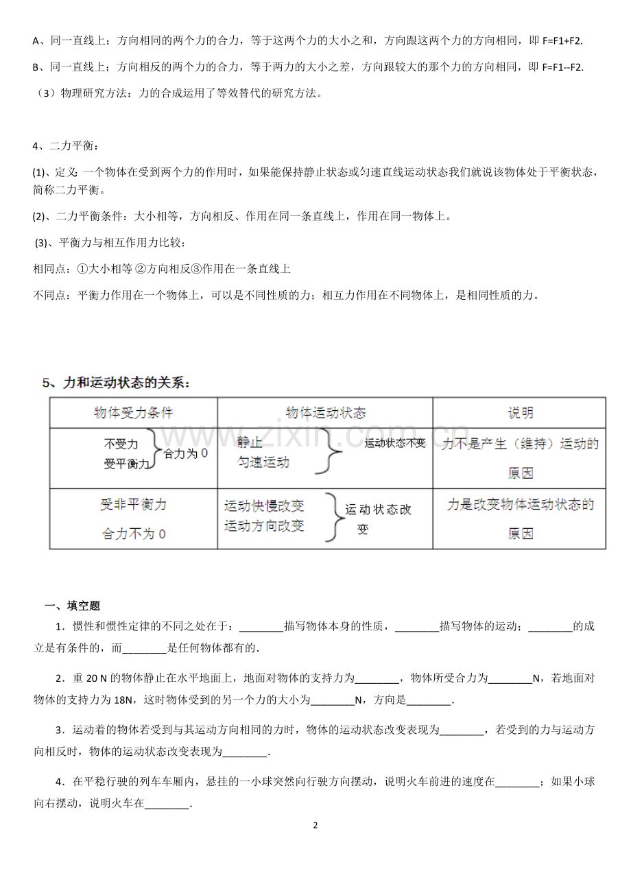 八年级物理下册力和运动知识点及练习资料.doc_第2页