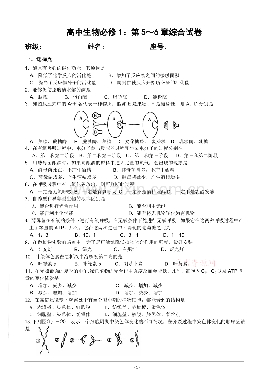 高中生物必修1：第5～6章综合试卷教学教材.doc_第1页