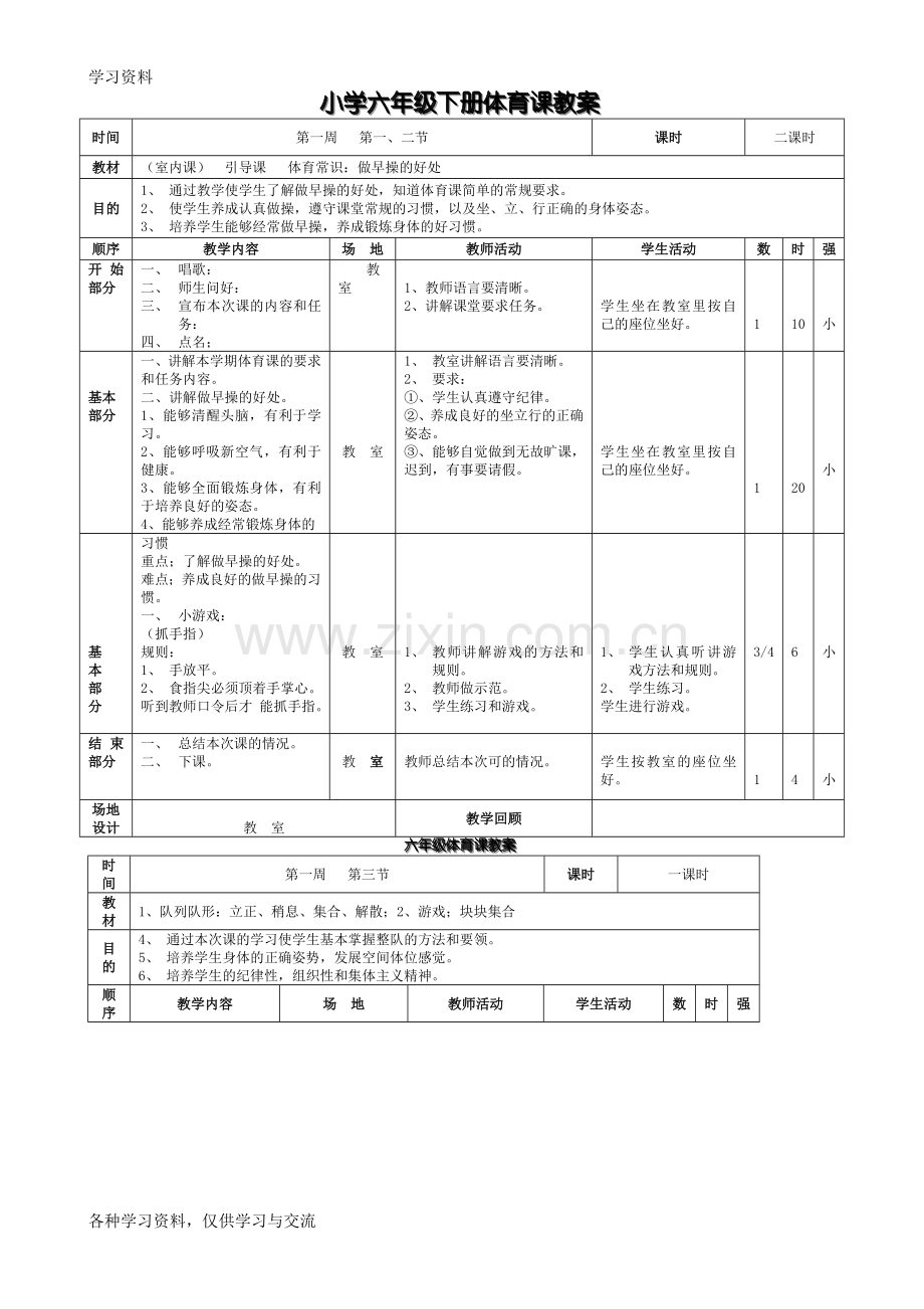 小学六年级下册体育课教案备课讲稿.doc_第1页