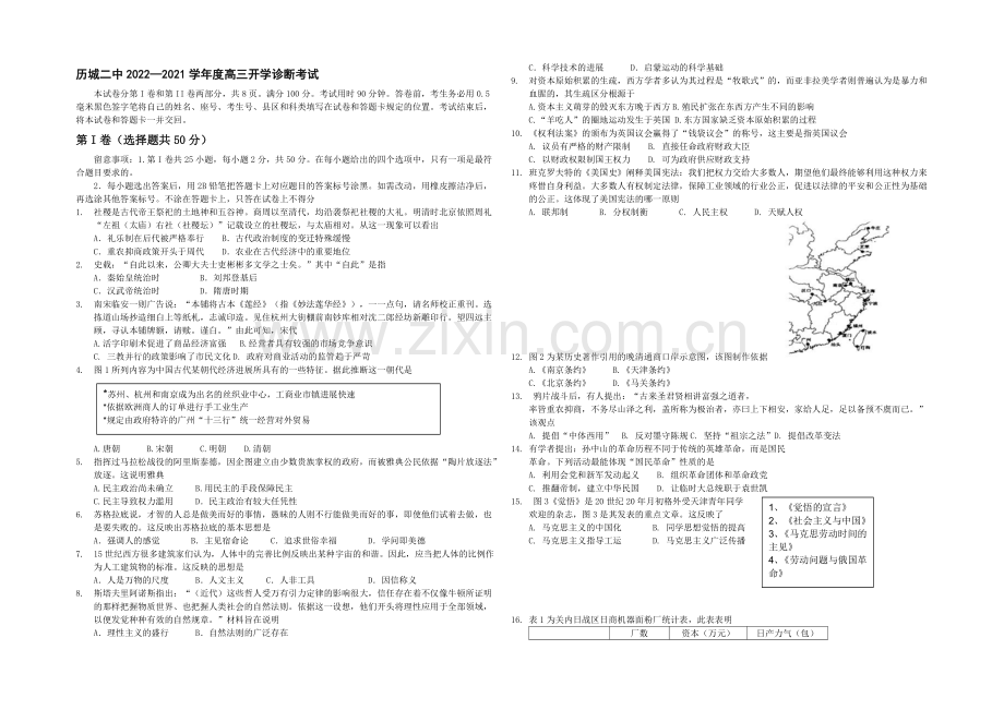 山东省济南市历城二中2021届高三开学诊断考试历史试题-Word版无答案.docx_第1页