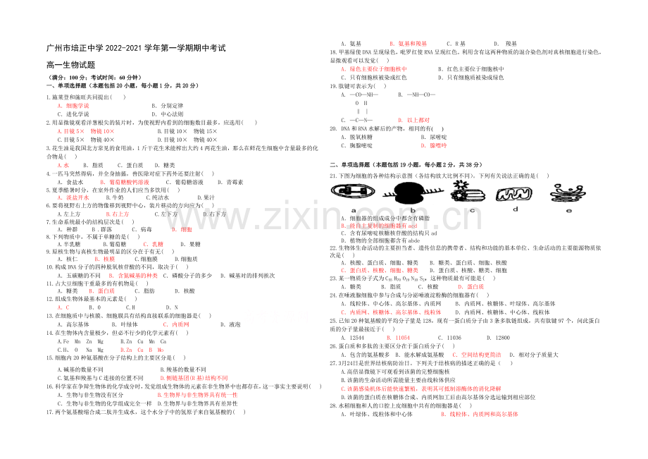 广东省培正中学2020-2021学年高一上学期期中考试生物-Word版含答案.docx_第1页