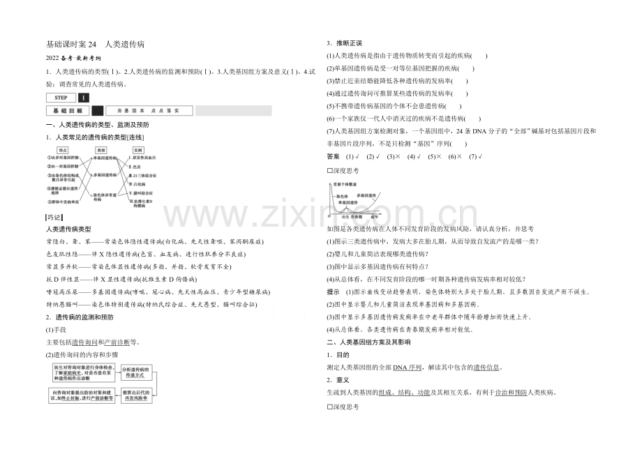【创新设计】2022年高三生物(人教版)一轮复习-基础课时案24-人类遗传病-基础回顾.docx_第1页