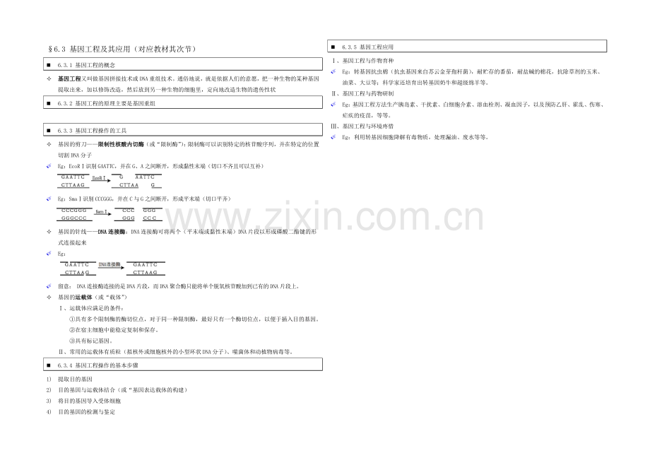 高中人教版生物学生笔记：必修2-6.3-基因工程及其应用.docx_第1页