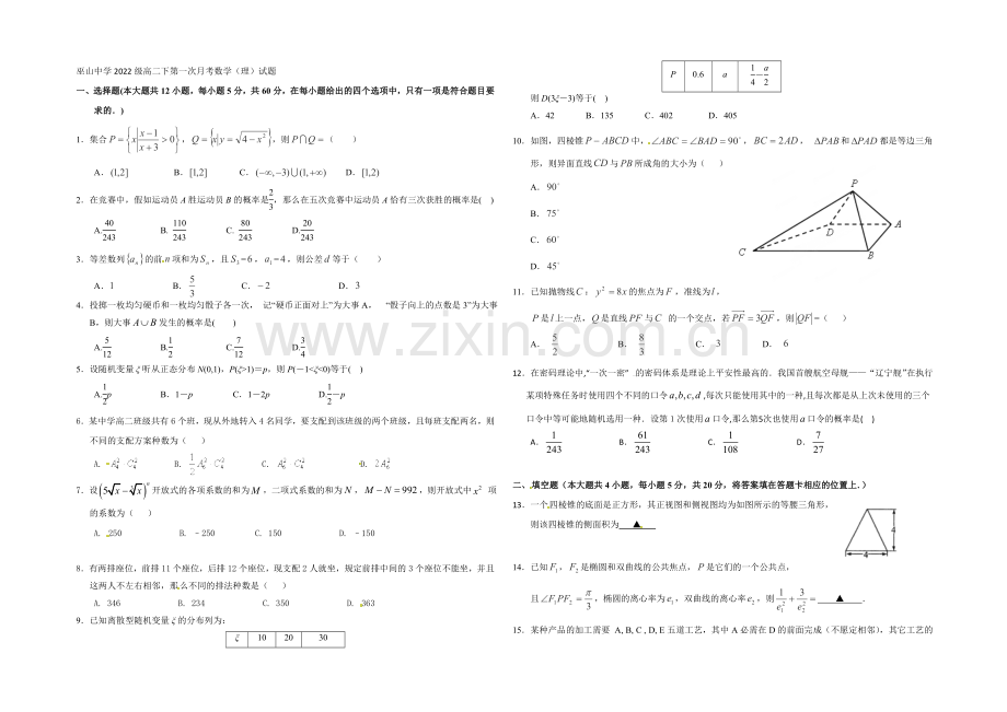 重庆市巫山中学2020-2021学年高二下学期第一次月考数学(理)试题-扫描版含答案.docx_第1页