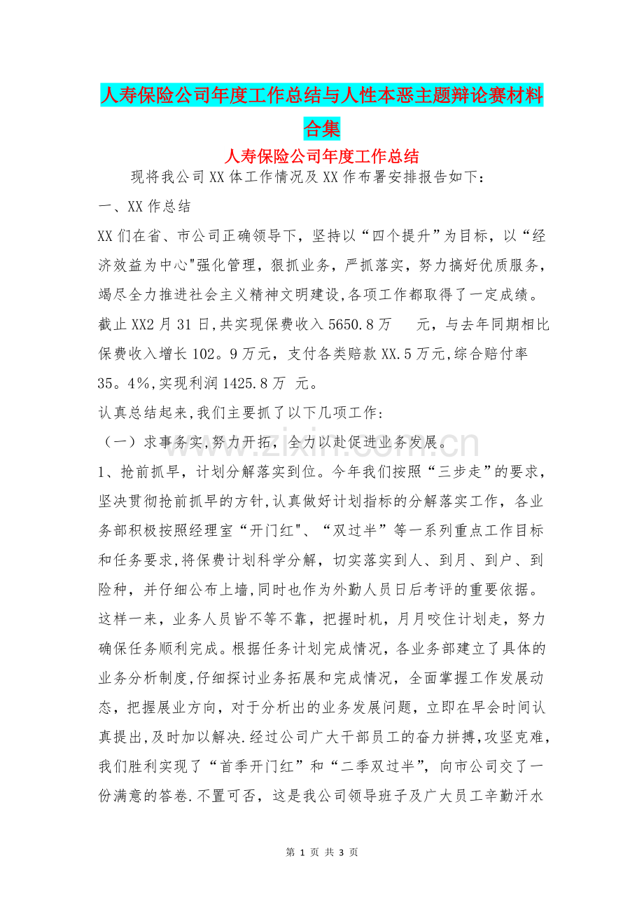 人寿保险公司年度工作总结与人性本恶主题辩论赛材料合集.doc_第1页