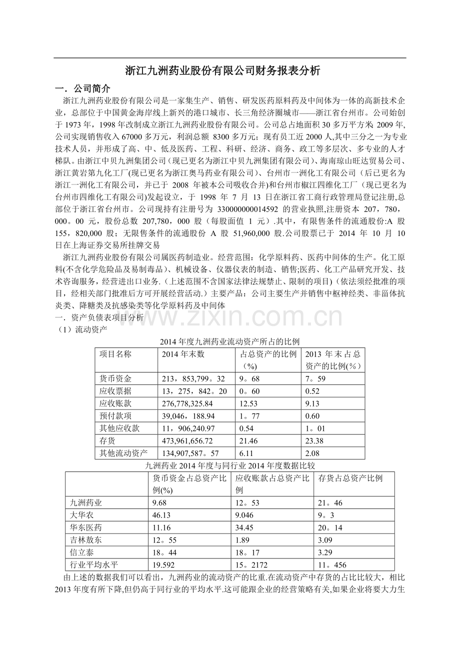 浙江九洲药业财务报表分析.doc_第1页