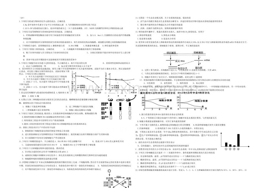 【名师精选】2021年高考生物小题专练系列17-Word版无答案.docx_第1页