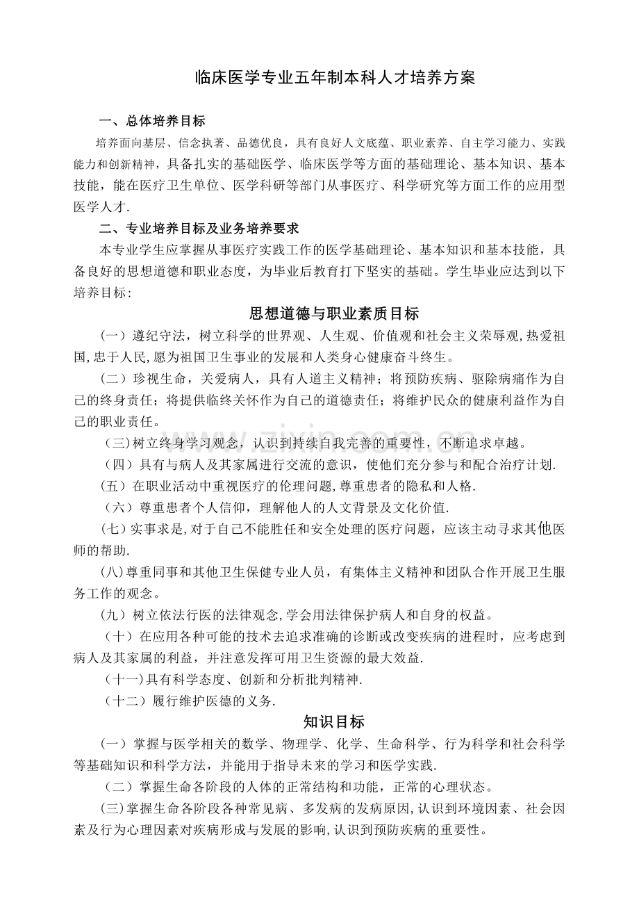 临床医学专业五年制本科人才培养方案.doc_第1页