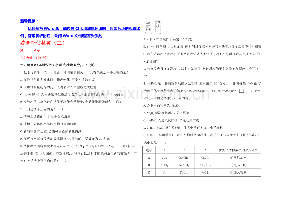 【全程复习方略】2020年高考化学综合评估检测(二)(人教版-四川专供).docx_第1页