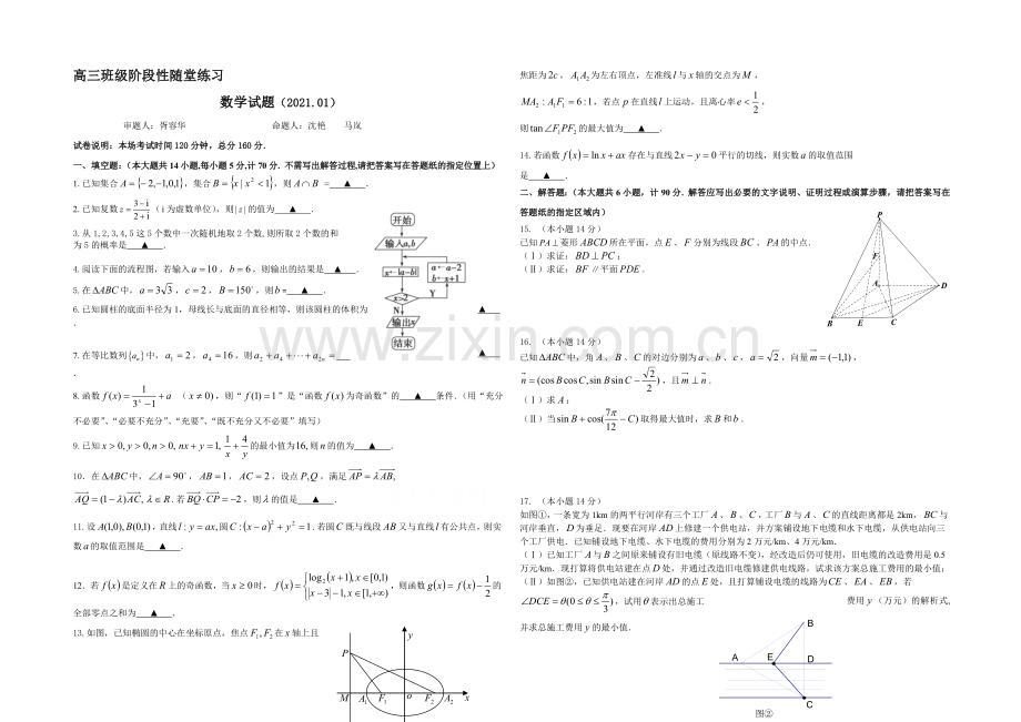 江苏省盐城中学2021届高三上学期1月月考试题-数学-Word版含答案.docx_第1页