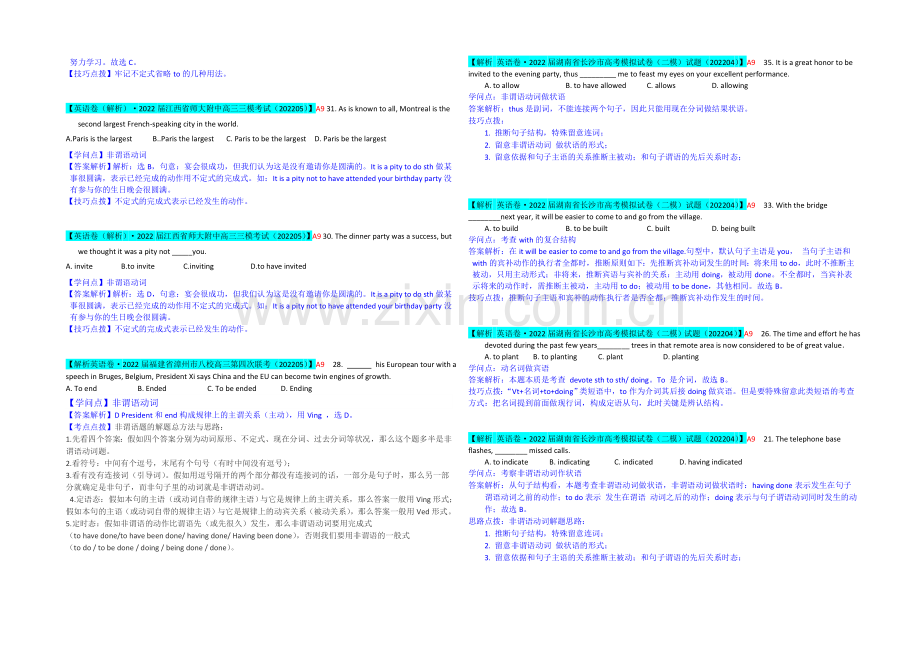 【冲刺2021】2021届高三英语总复习(高考模拟专版)汇编：A单元-单项填空(A9非谓语动词).docx_第2页