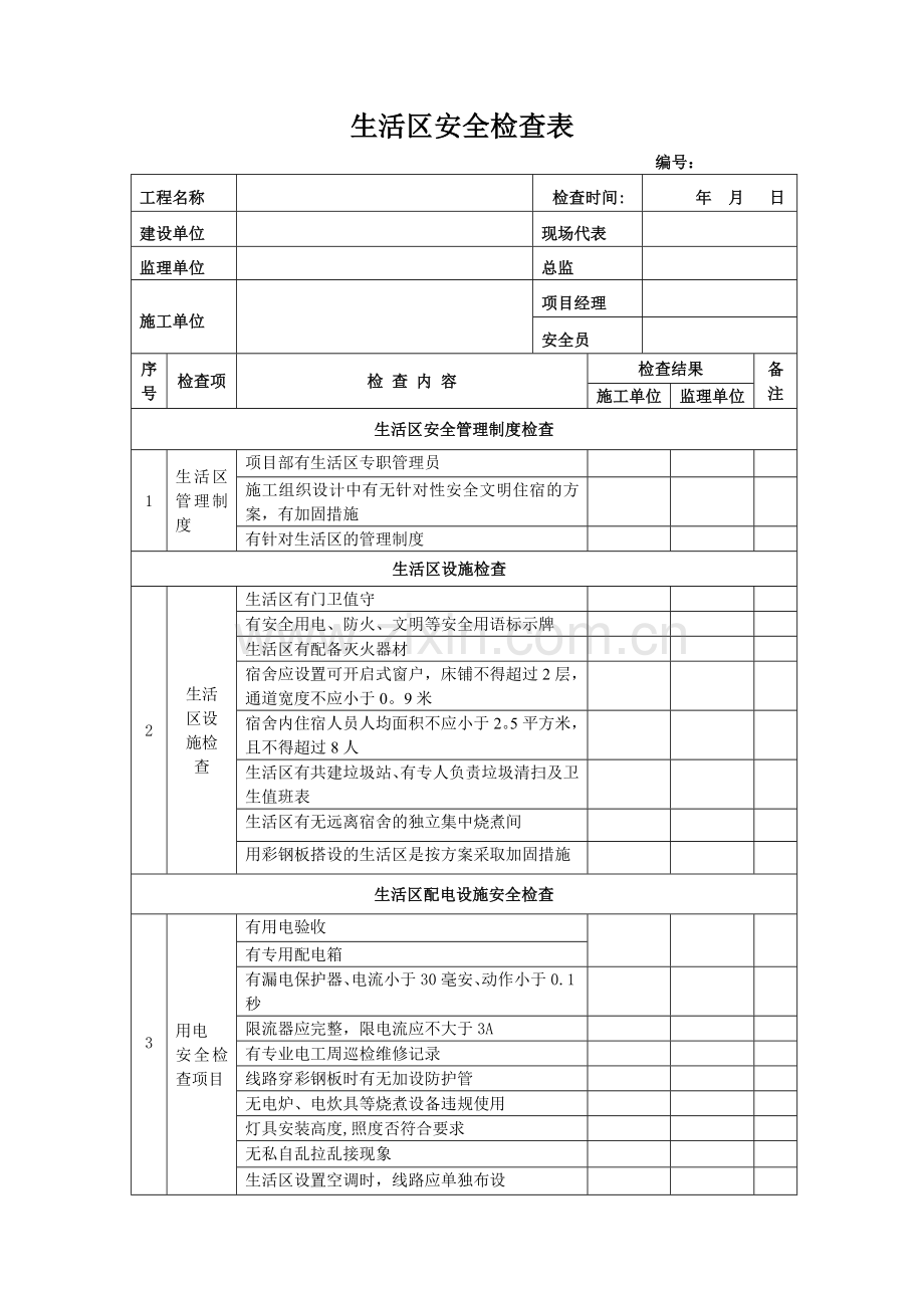 生活区安全检查用表.doc_第1页