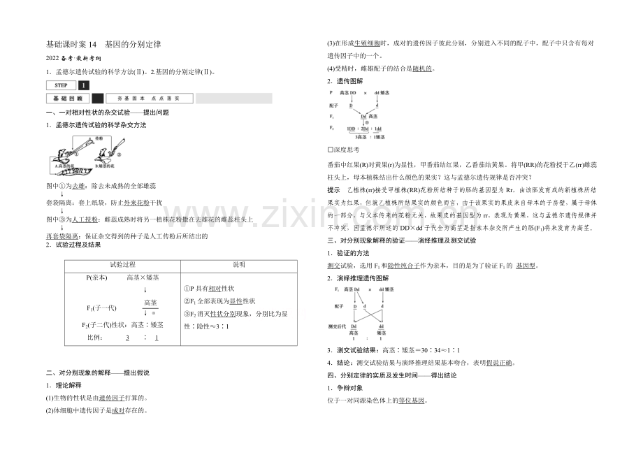 2022年高三生物(人教版)一轮复习-基础课时案14-基因的分离定律-基础回顾.docx_第1页