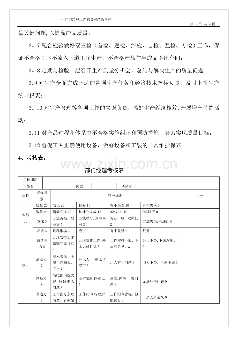生产部经理岗位职责和要求--考核表.doc_第2页