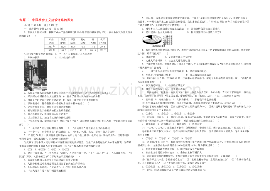 2021年高中历史必修二：专题三-中国社会主义建设道路的探索专题检测.docx_第1页