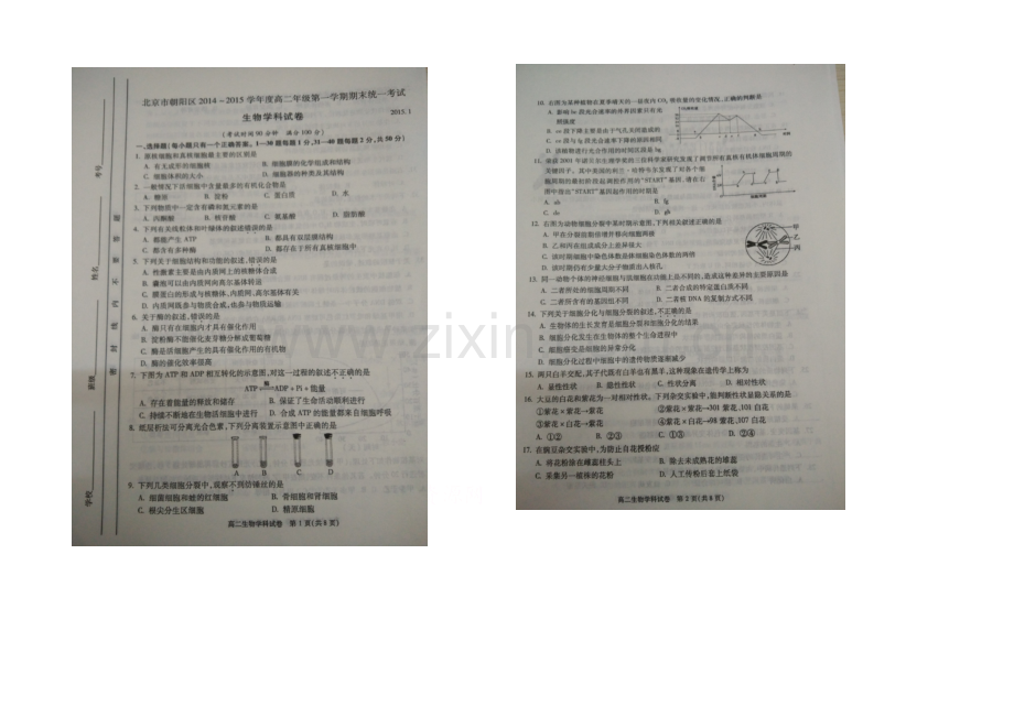 北京市朝阳区2020-2021学年高二上学期期末考试生物试卷-扫描版含答案.docx_第1页