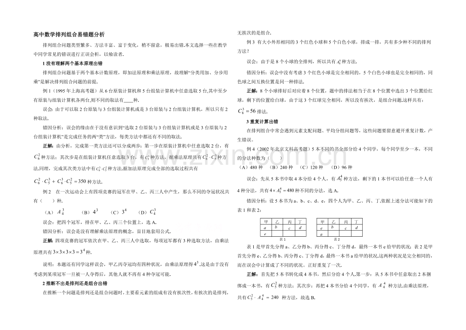 高中数学(北师大版)选修2-3教案：第1章-拓展资料：排列组合易错题分析.docx_第1页