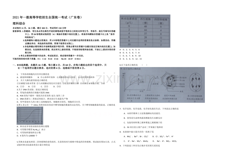 2021年高考真题——理科综合(广东卷)-Word版含答案.docx_第1页
