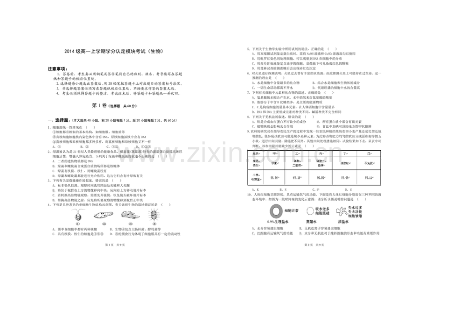 山东省淄博市六中2020-2021学年高一上学期学分认定模块考试生物试题扫描版含答案.docx_第1页