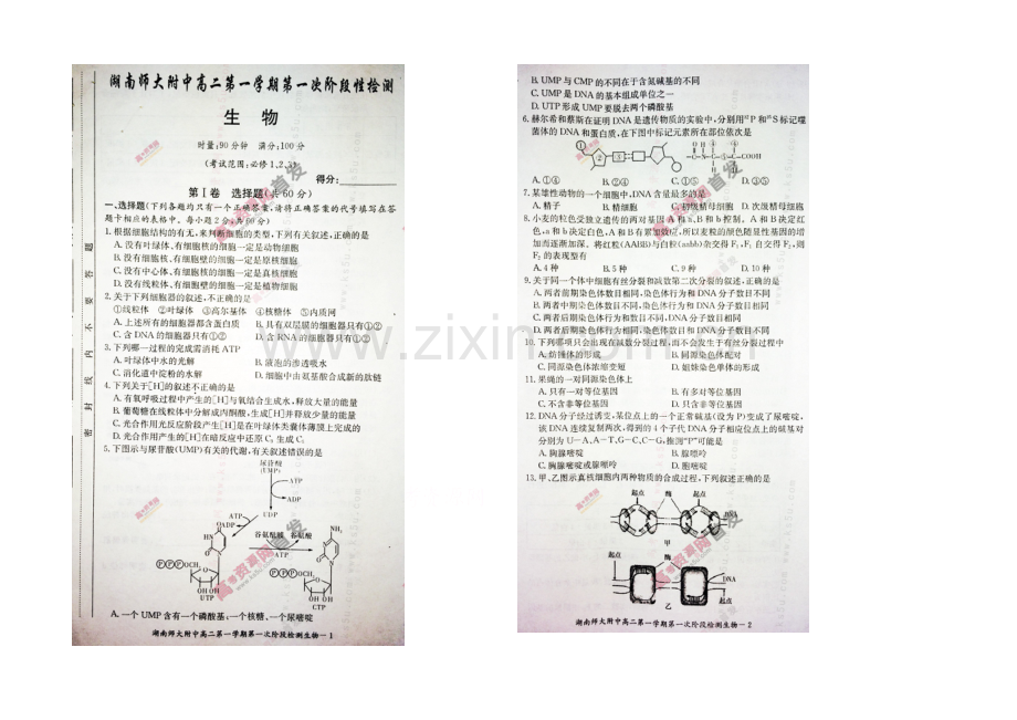 湖南师大附中2020-2021学年高二上学期第一次阶段性检测-生物-扫描版含答案.docx_第1页