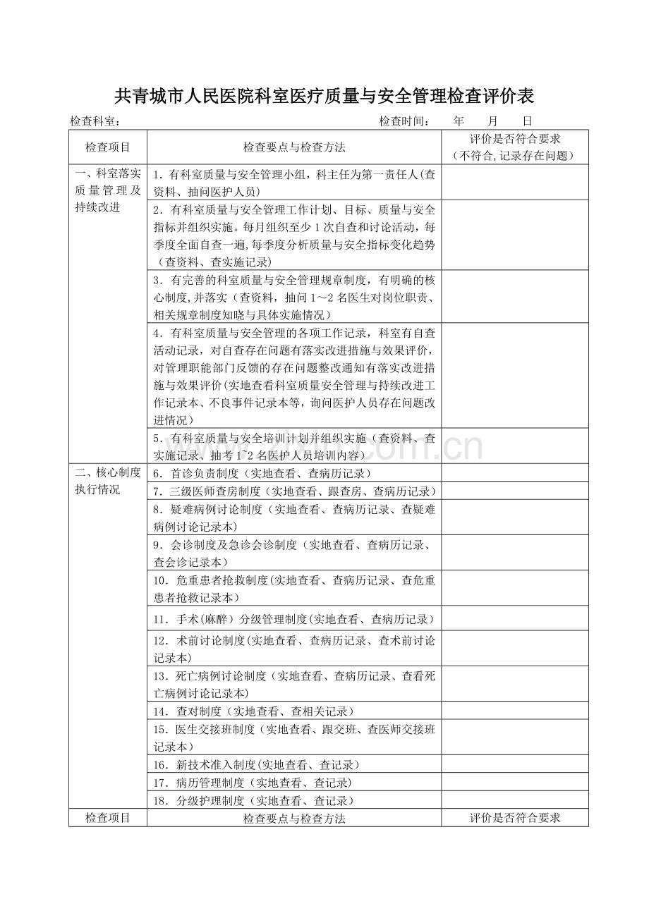 科室医疗质量与安全管理检查评价表.doc_第1页