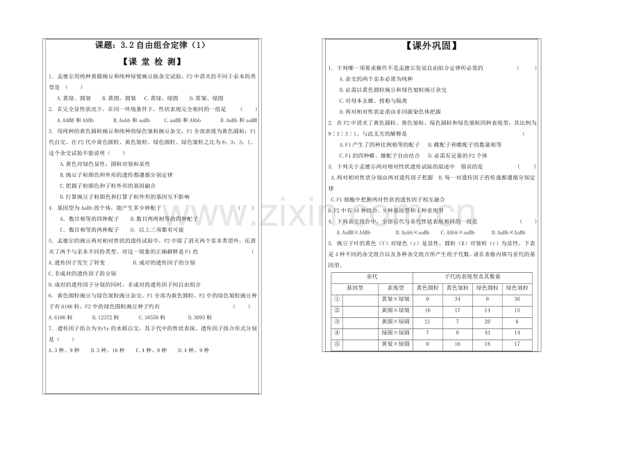 江苏省2013—2020学年生物(苏教版)必修二同步导学案：3.2自由组合定律(1).docx_第2页