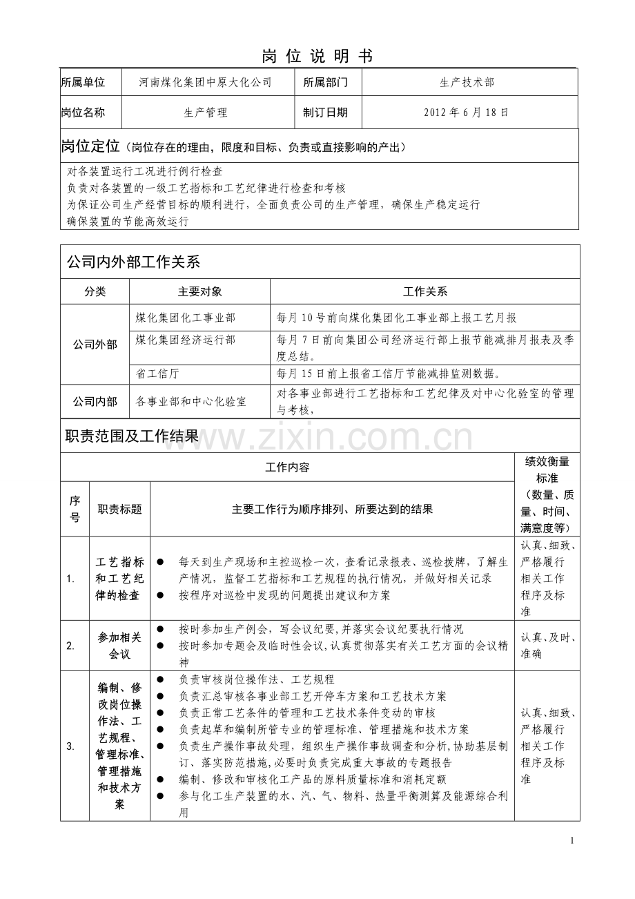 生产技术部生产管理岗位说明书.doc_第1页