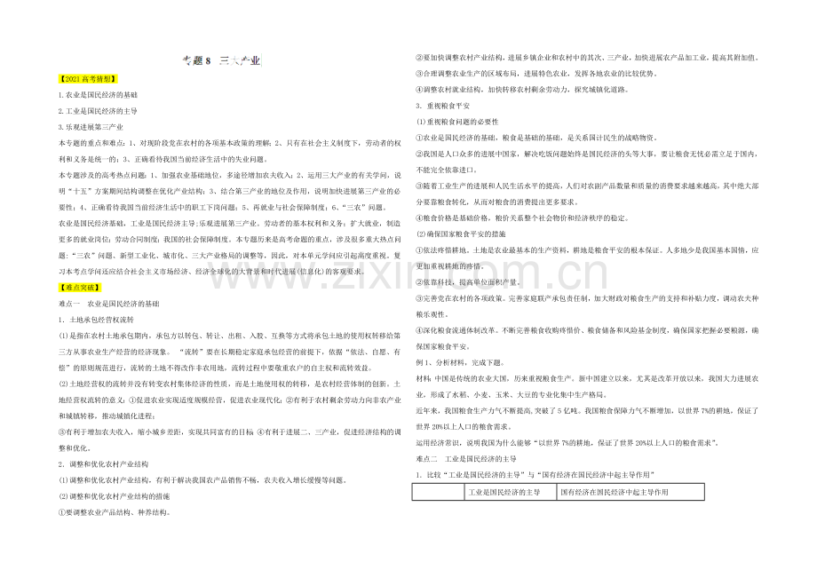 2021高三政治易错点点睛与突破：专题08-三大产业.docx_第1页