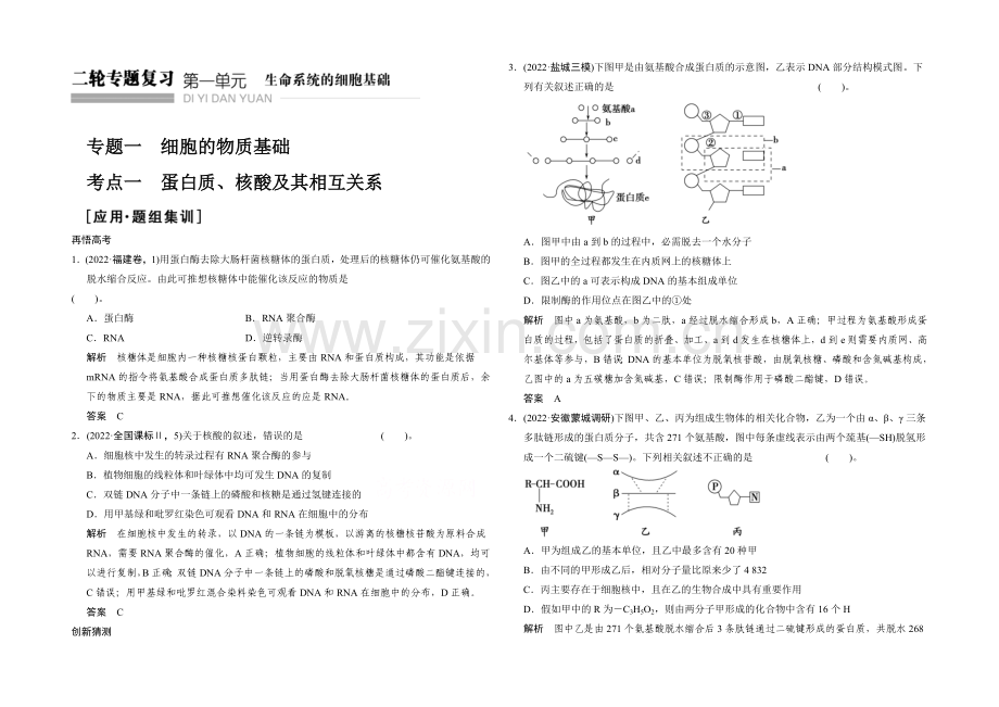 2021版生物二轮专题复习(江苏版)应用题组集训1-1-考点1-蛋白质、核酸及其相互关系.docx_第1页