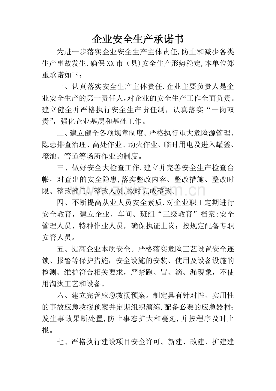 生产企业安全生产承诺书(范本).doc_第1页