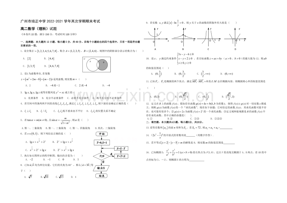 广东省培正中学2020-2021学年高二下学期期末考试理科数学试题-Word版含答案.docx_第1页